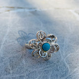 Vintage Ornate Filigree Sterling Silver 925 Turquoise Stone Flower Floral Ring 5