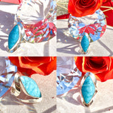 Signed 925 Sterling Silver Blue Caribbean Larimar Stone Long Ring 8.65g Size 7.5