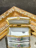 Vintage Painted Porcelain Victorian Couple Brass Trinket Hinged Pill Jewelry Box