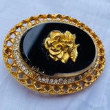 Vintage Ornate Black Gold Tone Rose Rhinestone Large Cameo Pendant Brooch Pin