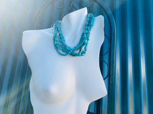 Faux Turquoise 5 Row Variety Size Beaded Fashion Necklace