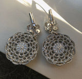 Vintage French Signed Sattellite Ornate Silver Tone Floral Drop Pierced Earrings