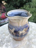 Rare Signed Blue Brown Ceramic Glazed Pottery Pitcher Horses Motif
