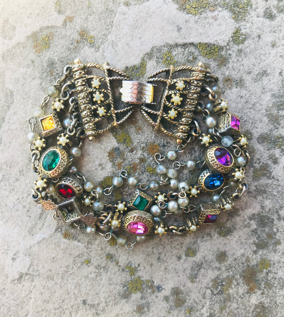 Vintage Multi Color Gem Rhinestone Faux Pearl 5 Row Layered Charm Bracelet