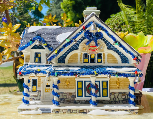 Christmas Village Stone & Brick Neighborhood Home Decorated w Tinsel and Lights