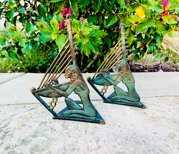 Antique Verdigris Metal Egyptian Woman Playing Musical Harp Book Ends Bookends