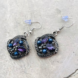 *Silver Tone Blue Purple Stones Circular Ornate Pierced Fashion Earrings