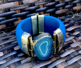Vintage Metal Blue Agate Stone Hinged Cuff Bracelet
