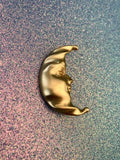 Vintage Crescent Moon Gold Tone Face Designer Signed Brooch Pin