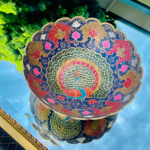 Vintage Hand Painted Colorful Solid Brass Peacock Bird Floral Art Bowl India