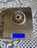 Vintage Signed Monet Purple + Pink Rhinestone Round Brooch Pin