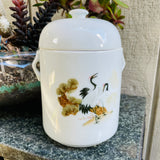Chinese Signed White Porcelain Crane Birds Statue of Liberty Jar Canister w Lid