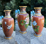 Vintage People’s Republic of China Cloisonne Enamel Floral Motif Vases Set of 3