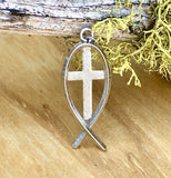 Vintage Christian 925 Sterling Silver Ichthys Jesus Fish Cross Pendant Charm