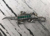 Sterling Silver Signed 925 Green + White Stone Lizard Brooch Pin