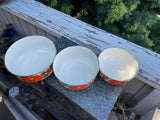 Vtg Sanko Ware Show Pans Nesting Mixing Bowls Enamel Metal Orange Poppy Set Of 3