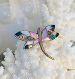 Vintage Sterling Silver 925 Dragonfly Pink Blue Abalone Shell Brooch Pin