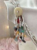 Vintage Artisan Hand Made White & Multi-Color Beaded Long Ethnic Bead Necklace