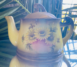 Vintage Czechoslovakia Hand Painted Yellow & Pink Colorful Flower Floral Tea Pot