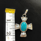 Vintage Sterling Silver 925 Turquoise Oval Stone & Pearl Cross Pendant 13g