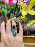 Vintage Sterling Silver 925 Black Onyx Turquoise Stone Long 9g Ring Size 5.25
