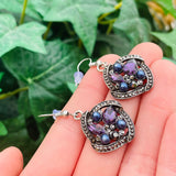 *Silver Tone Blue Purple Stones Circular Ornate Pierced Fashion Earrings