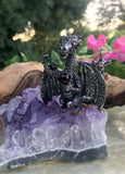 Beautiful Amethyst + Pewter Dragon w Red Stones Art Figurine