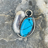 Vintage Sterling Silver 925 Turquoise Stone Artisan Feather Pendant 4.1g