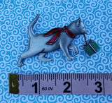 Vintage Signed JJ Jonette Silvertone Christmas Cat Brooch Pin
