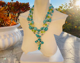 Chunky Green Blue Faux Turquoise Stone Bead Rhinestone Cross Religious Necklace