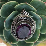 Antique Sterling Silver Ornate 925 Flourite Purple Blue Faceted Pendant