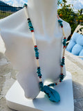 Chunky Turquoise Tone Artisan Shell Bead Red & White Beaded Fashion Necklace