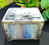 Multi colored stained glass trinket box, enchanted forest scene, mirror inside