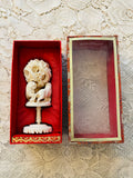 Antique Asian Ornate Hand Carved White Resin Spinning Lion Figurine Art in Box