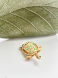 Vintage Gold Tone Metal Green Faux Pearl Turtle Brooch Pin