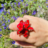 Versace H&M Signed Red Hibiscus Flower Rhinestone Floral Ring Size 7.5