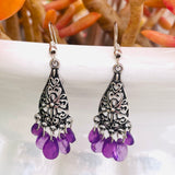 *Silver Tone Purple Beaded Floral Dangle Drop Pierced Fashion Earrings