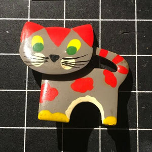 Vintage Gray Red Cat Brooch Pin W/ Moving Head