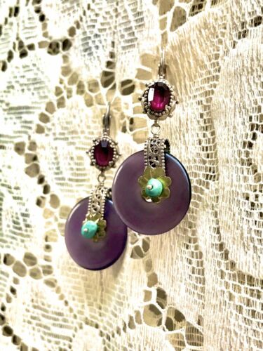 Antique French Ornate Silver + Gold Tone Amethyst Turquoise Pierced Earrings
