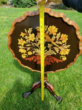 Antique Hand Painted Floral Bird Motif Round Wood Folding 3 footed Table