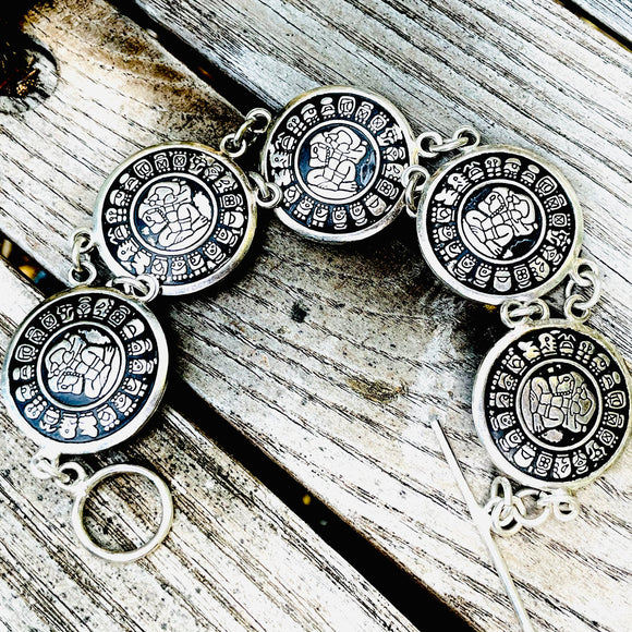 Vintage Sterling Silver Mexico Spiritual Symbol Calendar Toggle Bracelet 29.7g