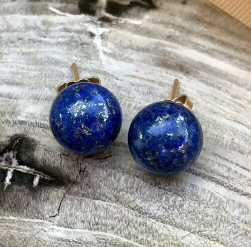 14k Yellow Gold Blue Lapiz Lazuli Round 10mm Stud Post Earrings