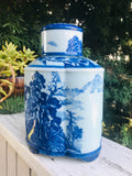 Antique Large Blue & White Chinese Artist Signed Jar Vase Container With Lid