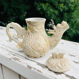 Antique Signed Asian Stone Carved Dragon Mythical Creature Teapot & Teacup Set