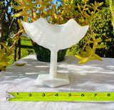Vintage White Milk Art Glass Ribbed Sea Shell Fish Pedestal Bowl
