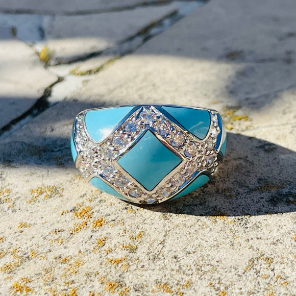 Signed Sterling Silver 925 Turquoise Rhinestone Geometric Ring 9.2g Size 6-6.25