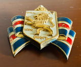 Vintage Gold Tone Red White Blue Dieu Et Mon Drqit Lion Ribbon Brooch Pin Badge