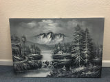 Large Artist Signed R. Boren Original B&W Oil Mountain Forrest Painting Art