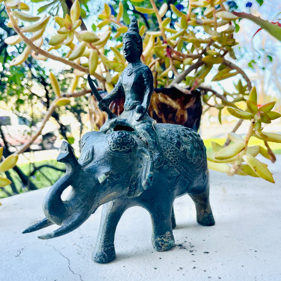 Antique Bronze Verdigris Mixed Metal Tribal Warrior Elephant Art Figurine Statue