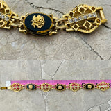 Vintage Black & Gold Tone Filigree Ornate Floral Rose Rhinestone Link Bracelet